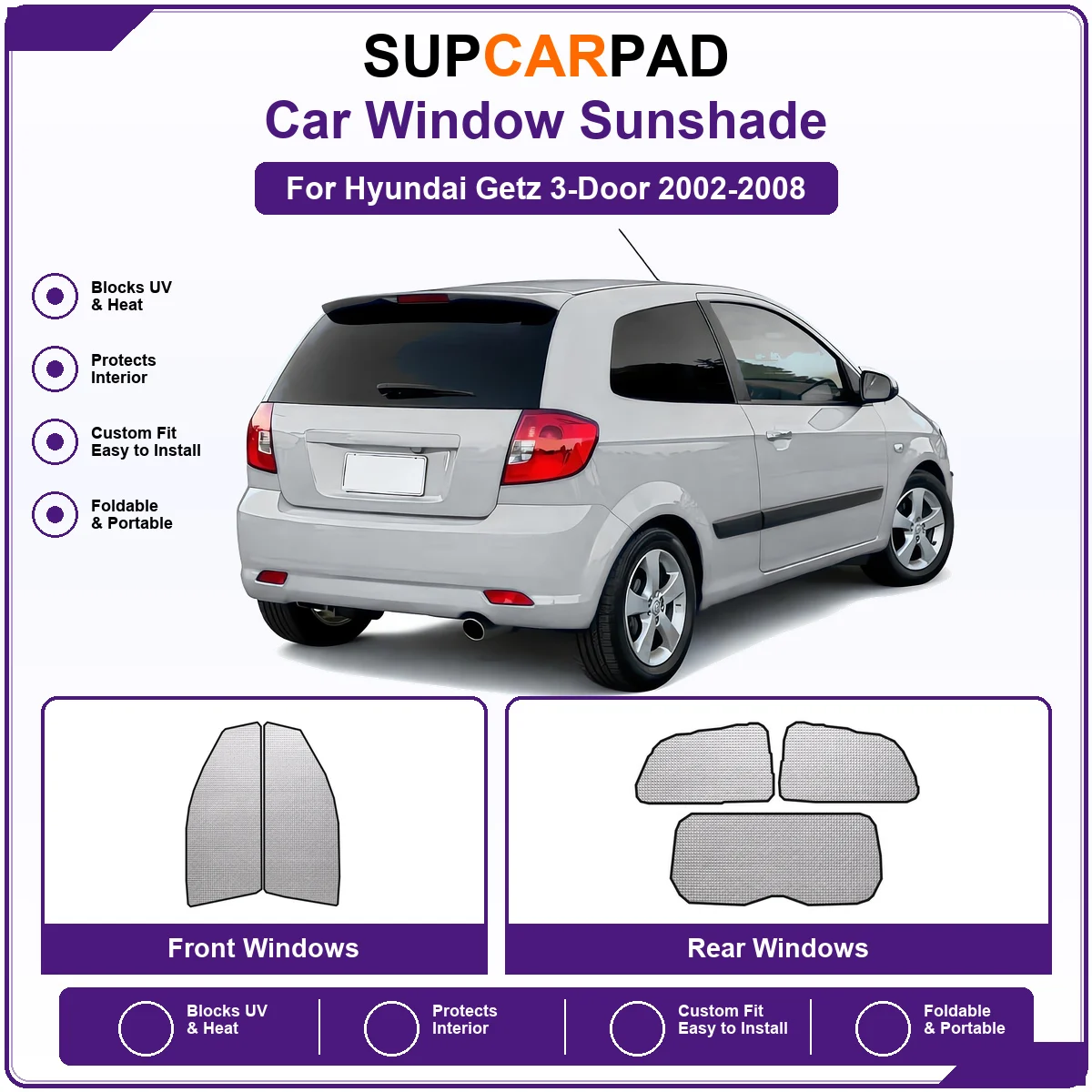 For Hyundai Getz 3-Door 2002-2008 Pre‑Cut Auto Window Sunshade Anti‑UV Car Sun Visor Protector