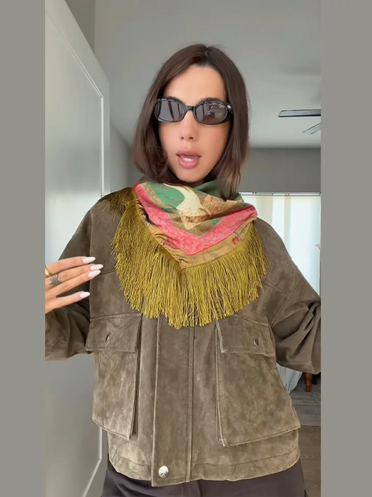 2026 Vintage Printed Tassel Patchwork Square Scarf Women Green Fashion Casual High Street Spring Lady Shawl image 4