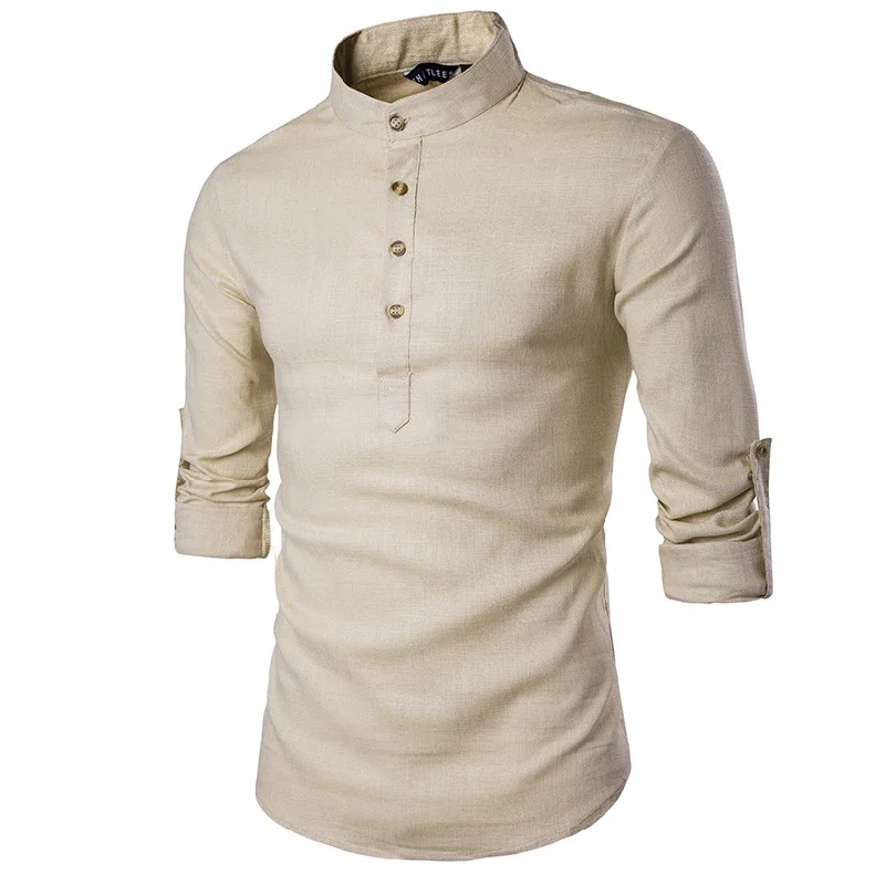 

Pop 2025 Новая мужская льняная рубашка, повседневная мужская рубашка с воротником-стойкой, хлопковая белая рубашка больших размеров в китайском стиле, облегающая мужская рубашка с длинным рукавом