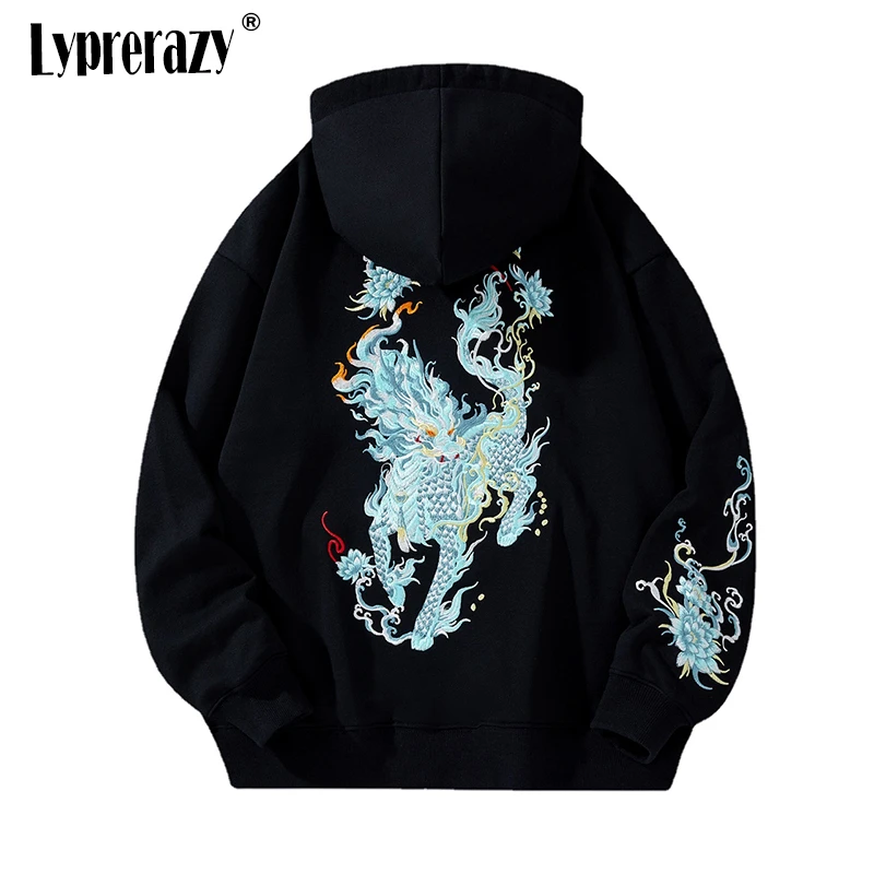 Lyprerazy National Tide Embroidery Hoodies Kirin Embroidery Hoodie Chinese Style Casual Couple Sports Pullovers