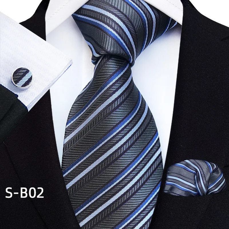 gravatas masculina New Men\'s Business Hand Tie Pocket Scarf Cufflinks Three Piece Set Professional Work Dress Stripe Wedding Tie