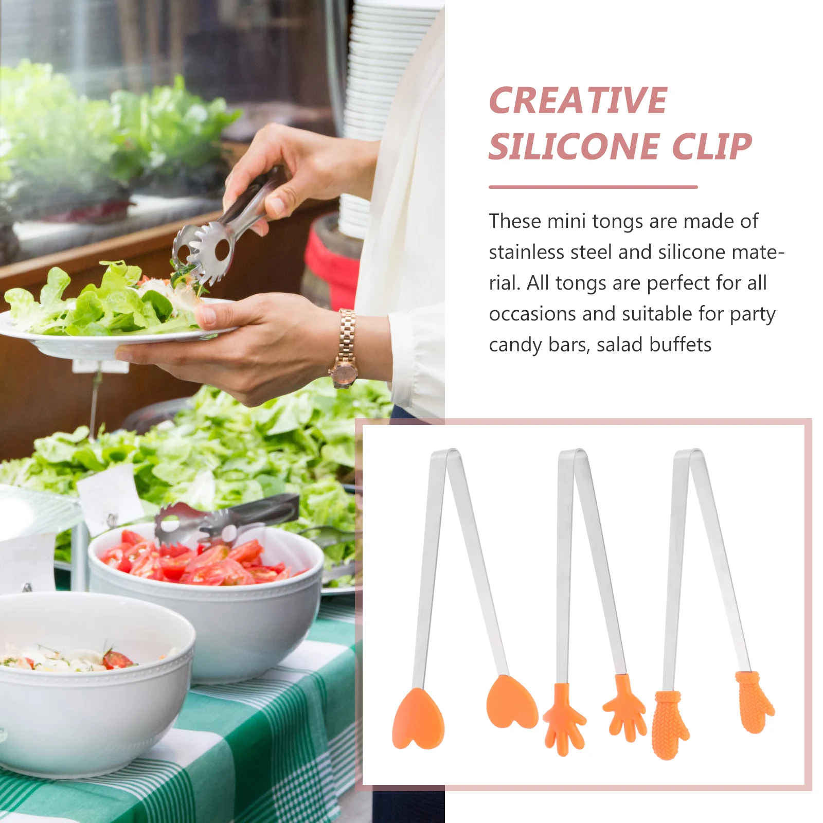 

3pcs Silicone Mini Tongs Kitchen Bar Tool Stainless Food Clip Steel AntiSlip Food Serving Ice Cube Candy