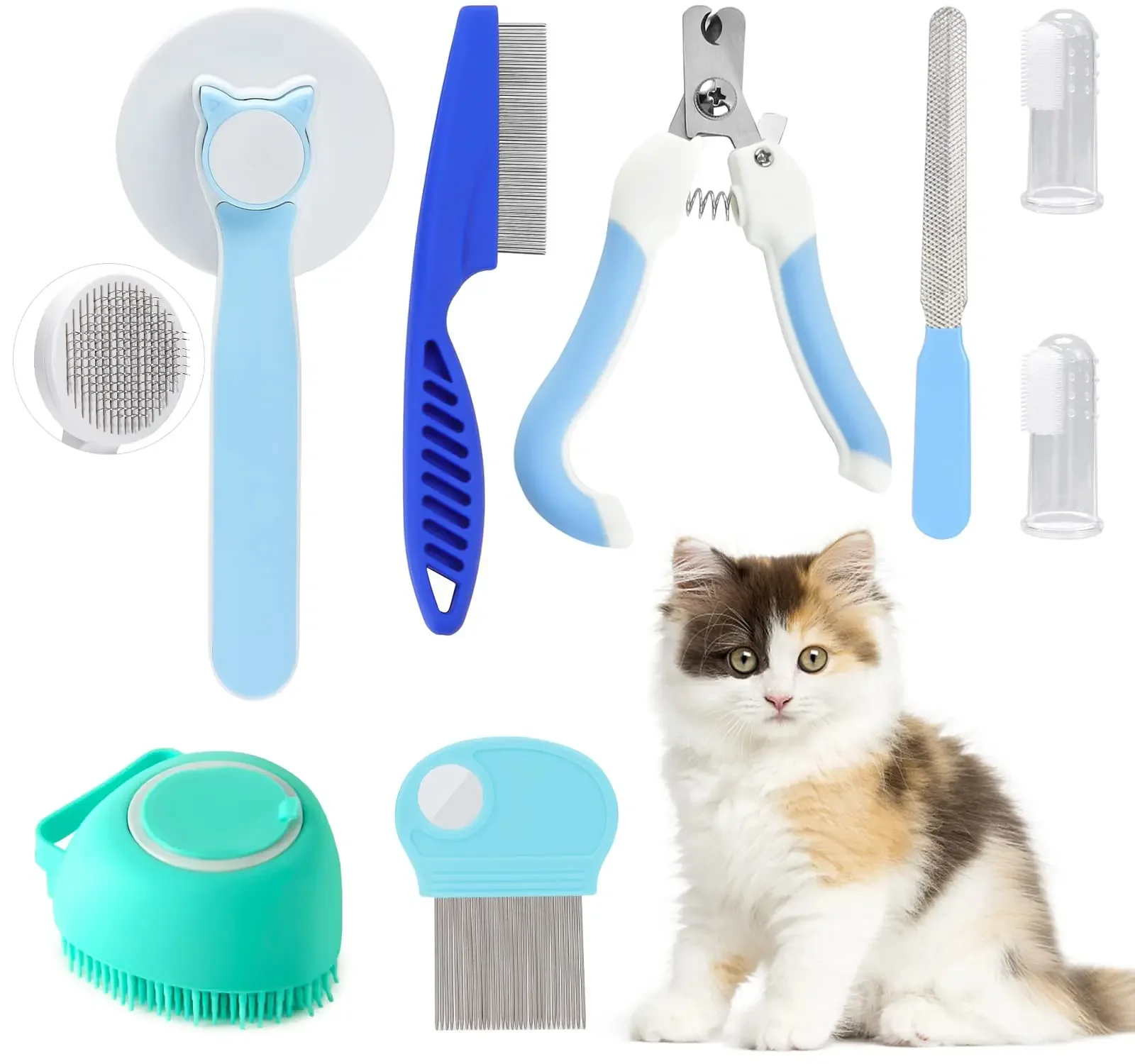 8Pcs Cat Brush Grooming Kits, PFlea Comb, Pet Shampoo Bath Brush, Pet Shedding Brush, Silicone Toothbrush