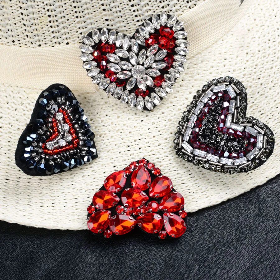 Handmade Rhinestone Heart Shape Cloth Patches, Sewn On Clothing Bags and Shoes, DIY Accessories Stickers, High Quality