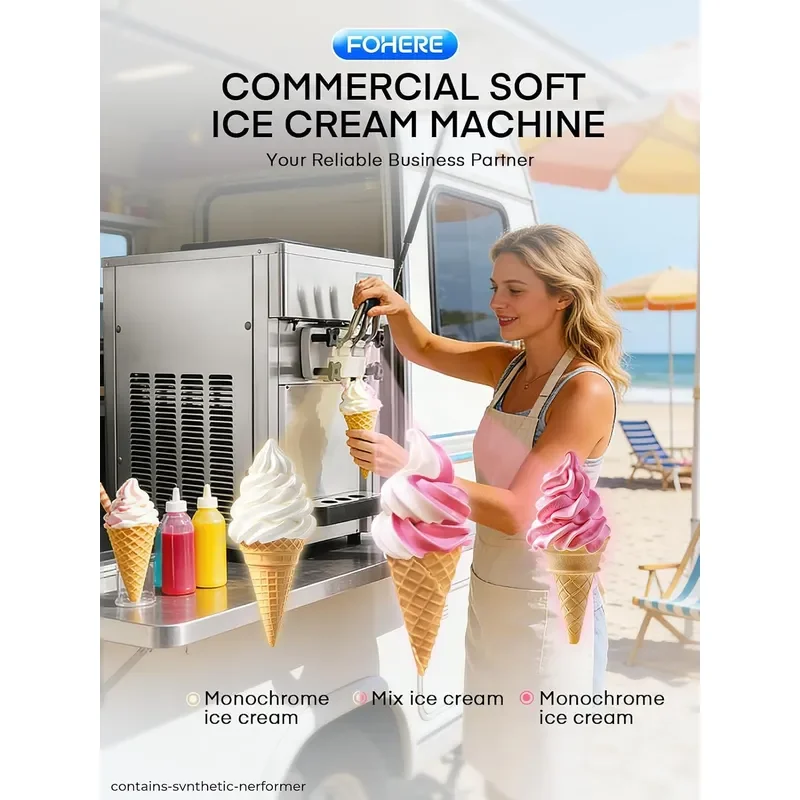 Commercial Ice Cream Machine 5.3-7.4 Gal/H, 3 Flavors Countertop Soft Serve Ice Cream Machine with 8L Hopper, Auto Clean Ice