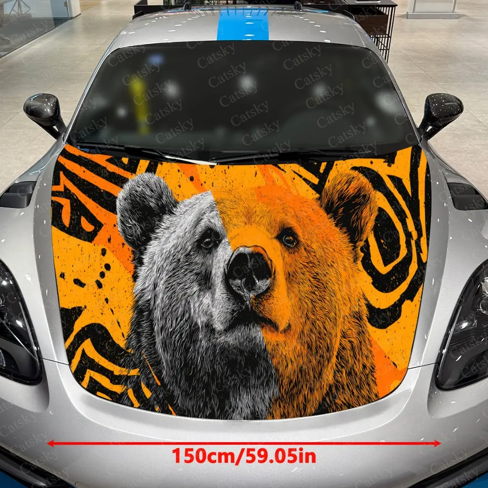 Artistic Split Orange Bear Car Hood Sticker,Waterproof Self-Adhesive Vinyl Graphics Decals,Decorative Auto Accessories Stickers