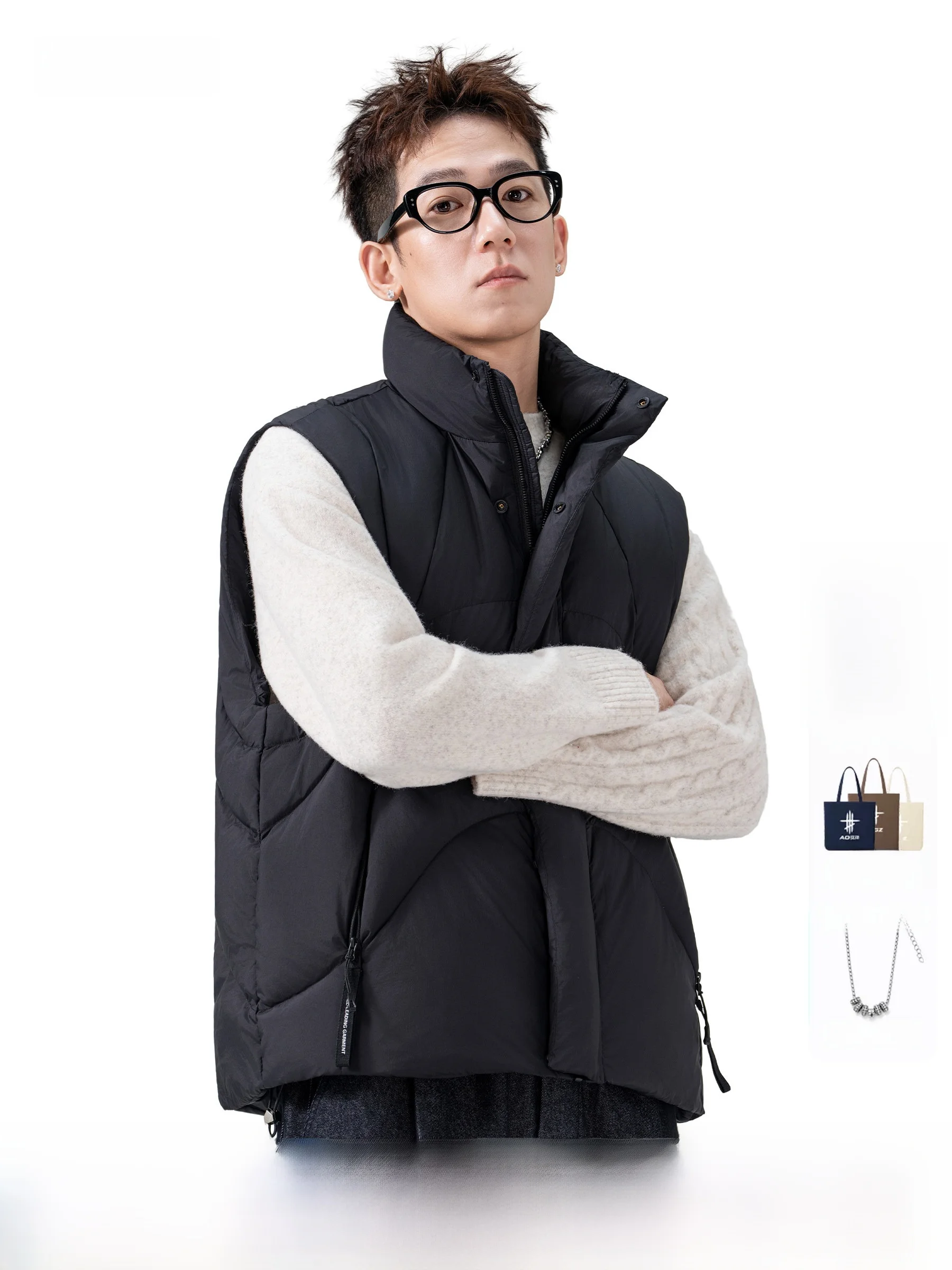 AOGZ Men's down Vest Thickened Warmth Zipper Loose Fit Black Stand Collar Jacket for Outdoor Sports And Daily Wear
