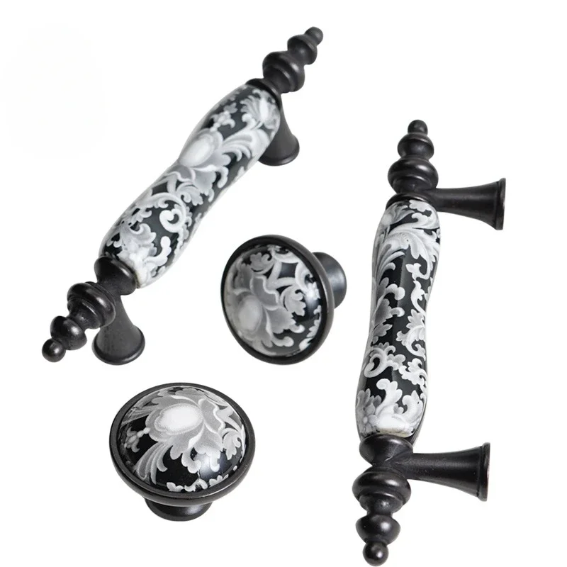 Ceramic Handle Black Flower Bronze Ceramic Knob Handles Door Drawer Handles Pull Rustic Kitchen Cabinet Handle Furniture Decor