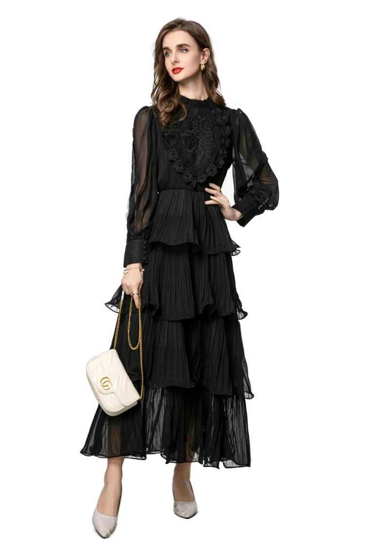 Vestidos femininos gola mangas compridas bordado retalhos em camadas babados elegante moda festa de formatura vestido