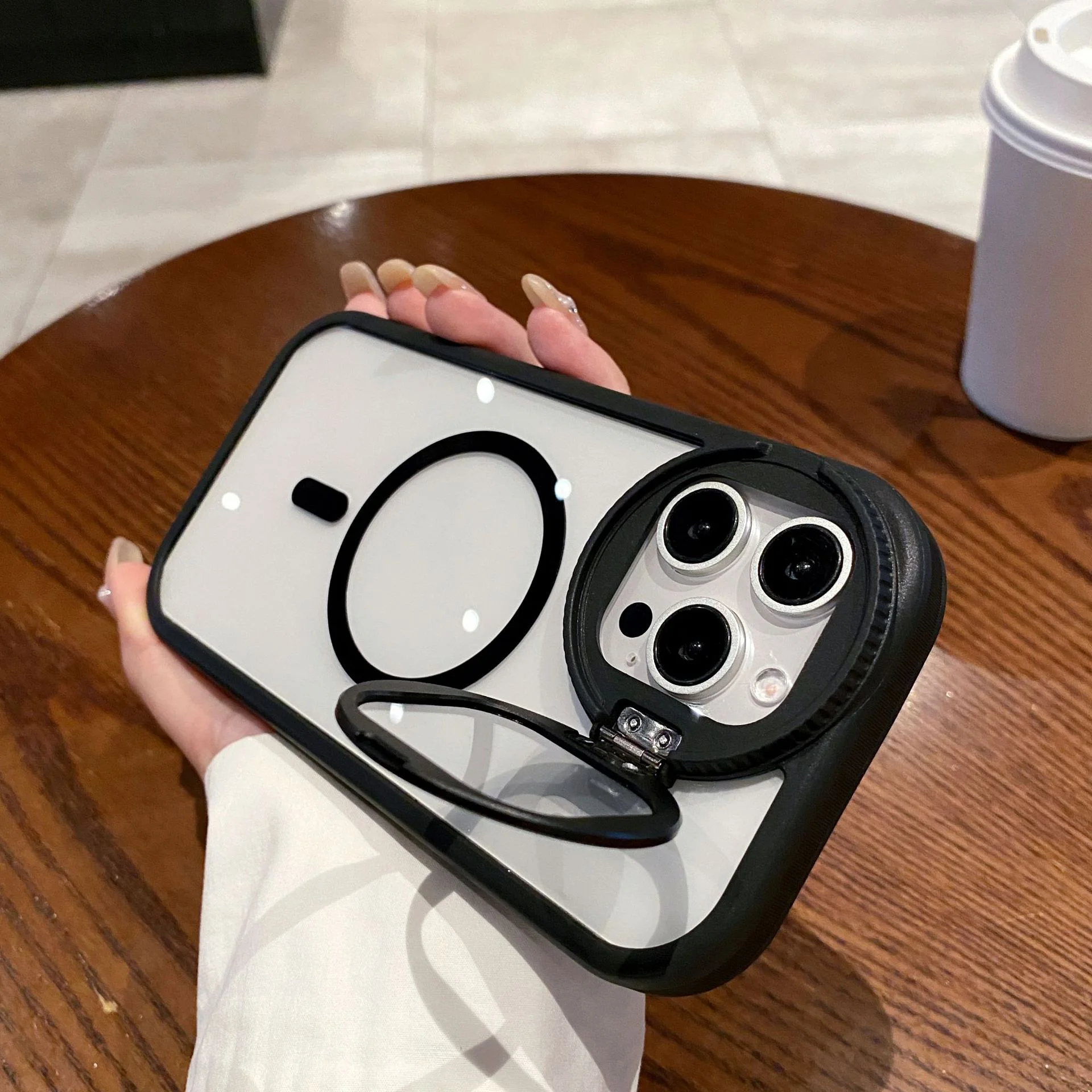 

Fold Glass Lens Stand Magnetic Transparent Case For iPhone 17 16 15 14 13 12 11 Pro Max For Magsafe Wrist Strap Shockproof Cover