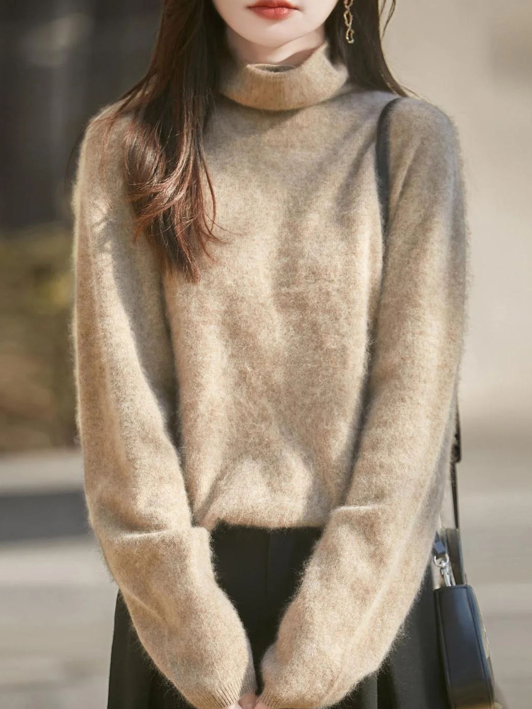 

High Ne Knitted Fce Lined Loose Fit Woolen Sweater Women's Casual Sle Long Sve Warmth Guaranteed Crew Ne Top