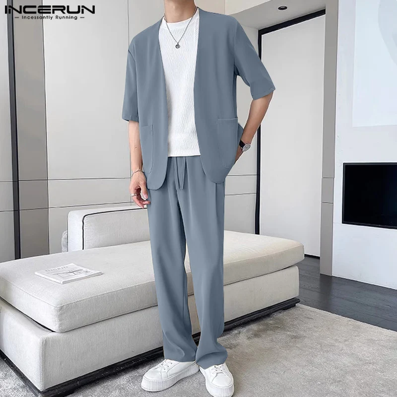 INCERUN 2024 Korean Style Fashion Sets New Men Solid Collarless Short Sleeved Suits Pants Casual Streetwear Two-piece Sets S-5XL