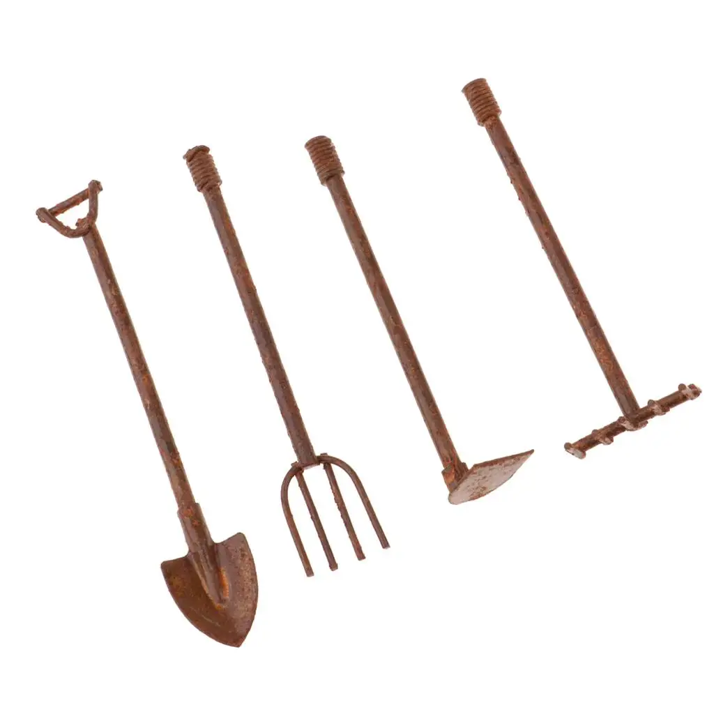 4 Pieces Dollhouse Miniature 1:12 Gardening Tools Metal Shovels and Set