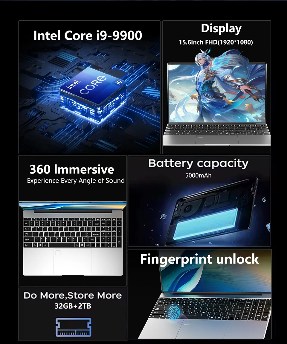 كمبيوتر محمول جديد 15.6 بوصة Intel Core I9-9900 32GB 2TB Windows 11 كمبيوتر ألعاب الكمبيوتر مكتب دراسة دفتر رفيع للغاية 1920*1080 HD