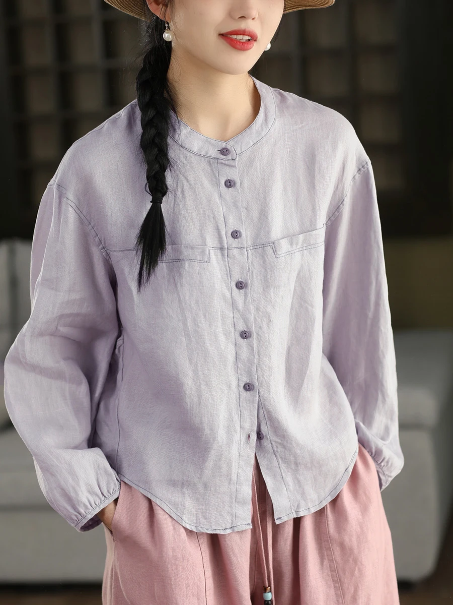 

Retro Linen Shirt Women's Spring Style Long Sleeve Stand Collar Button up Top Breathable Comfortable Loose Fit Ladies Shirt