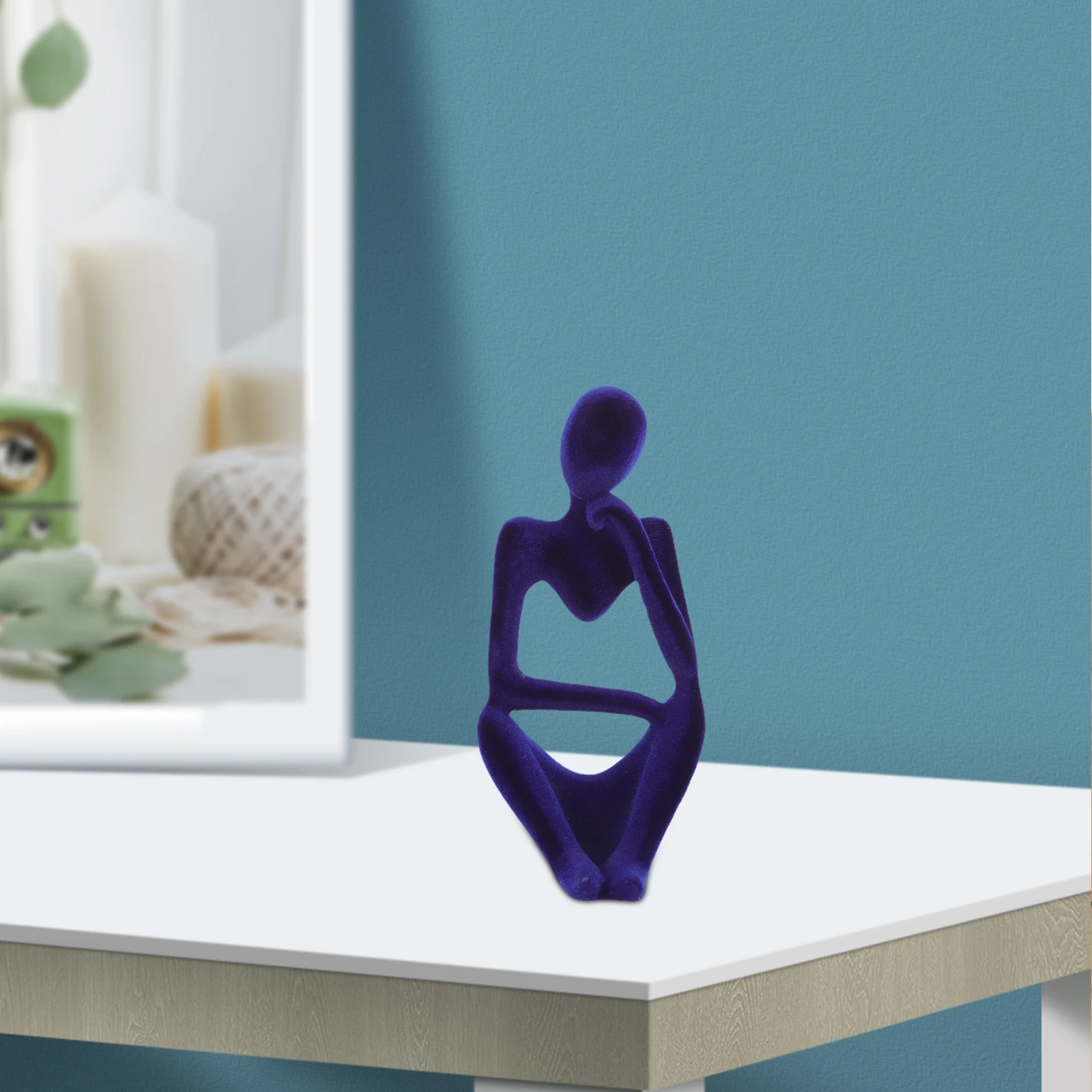 

Abstract Resin Crafts Flocking Thinker Statue Blue Small Desk Home Decor Elegant Figure Modern Art Piece Office Bookshelf nament