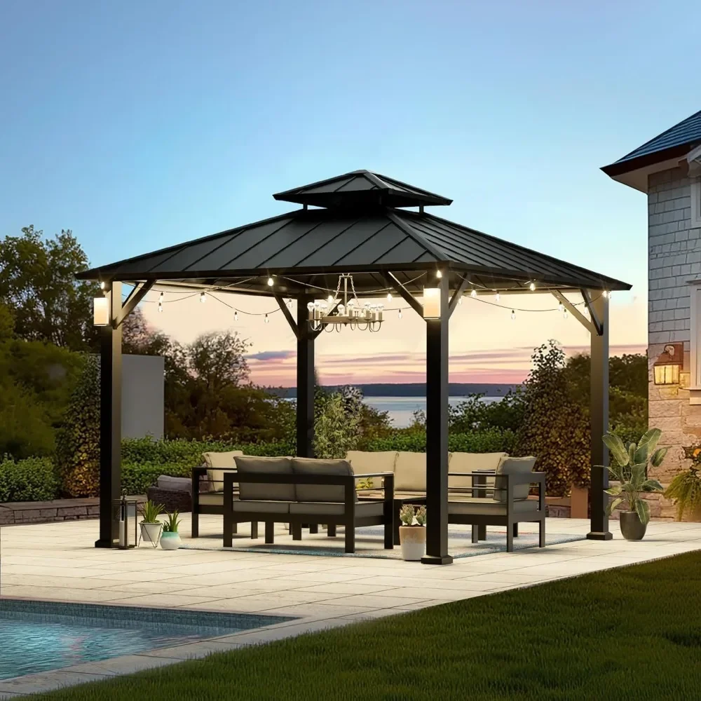 Gazebo de metal permanente de 10' x 10' com luzes, gazebos ao ar livre com telhado de aço galvanizado e estrutura para pátio