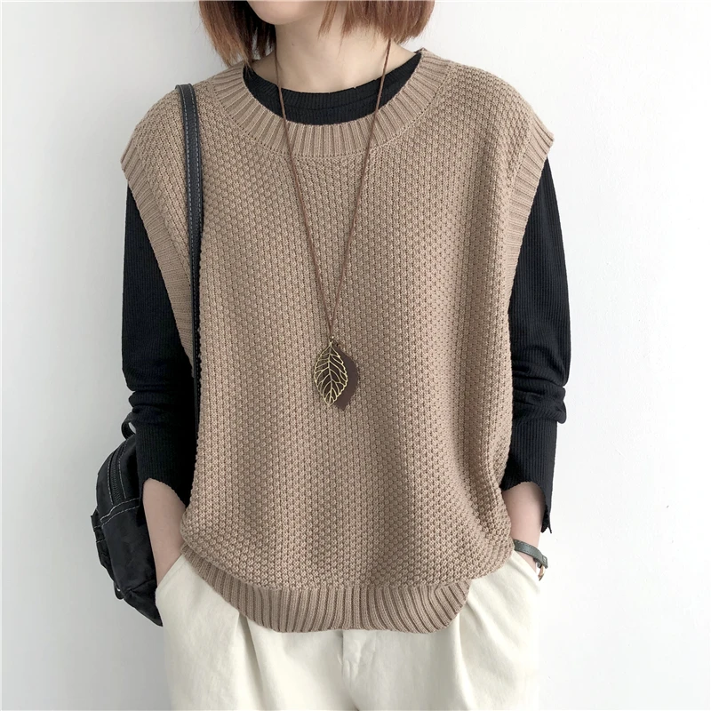 One Size Knitted Vest Women\'s Sleeveless Vest Round Neck Early Autumn Irregular Pullover Top Layered Over Western Style Sweater