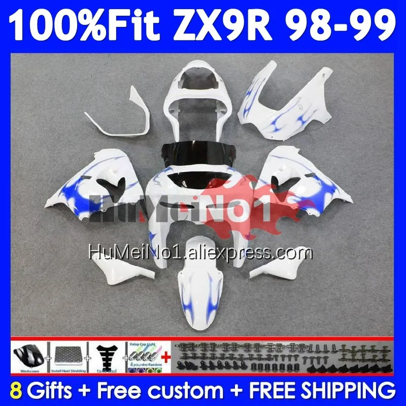 OEM Body For KAWASAKI NINJA ZX 9R 900 White blue CC 9 ZX9 R 213No.5 ZX900 900CC ZX-9R ZX9R 98 99 1998 1999 Injection Fairing