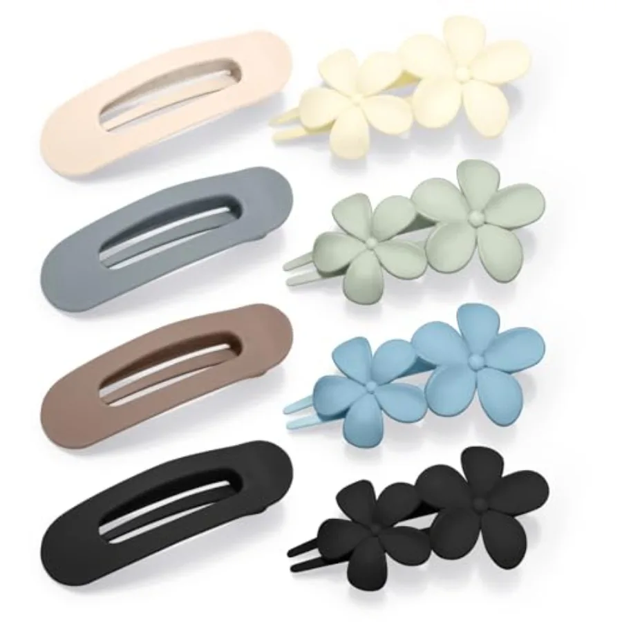 

8 PCS Flat Hair Clips for Medium Hair Volume: Matte Finish Claw Clips in Floral Design, Soft Grip Plastic, Neutral Beige Color
