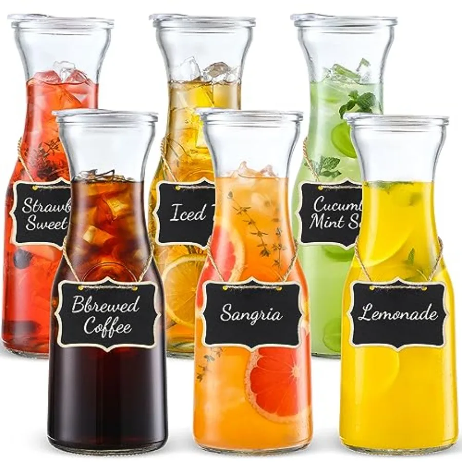 

Set of 6 Glass Carafe with Lid 1 L Beverage Serveware Carafe Glass Pitcher for Mimosa Bar Brunch Cold Water Juice Milk Iced Tea