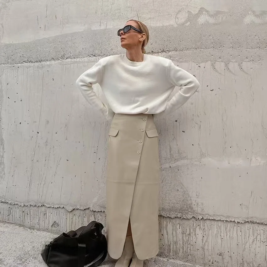 

Юбка трапециевидной формы из искусственной кожи с высокой талией и подкладкой, длинная юбка трапециевидной формы для поездок на работу, однотонный дизайн для женщин