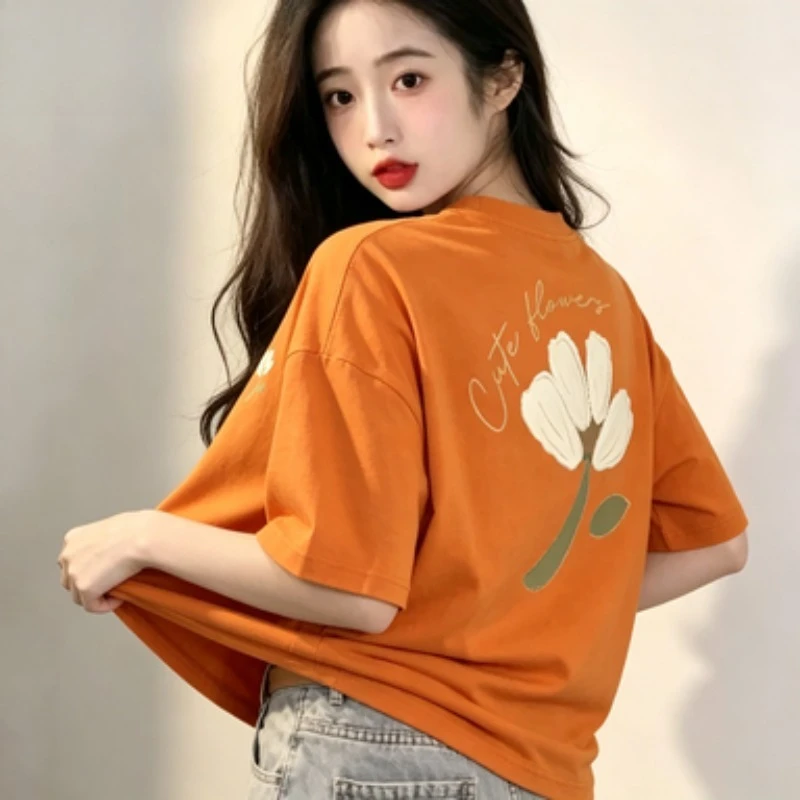 100% Cotton Women Round Neck Standard T Shirt, Cute Flowers Double Sided White Floral Hand Drawn Print Front Chest Back Short