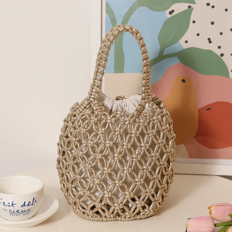 Women's Fashionable Gold & Silver Shiny Thread Straw Woven Handbag Hollow out Mesh Bucket Bag for Seaside Vacation Beach
