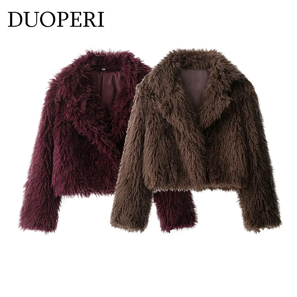 

DUOPERI Women Fashion Solid Faux Fur Open Stitch Coats Casual Lapel Neck Long Sleeves Female Elegant Chic Lady Outfits