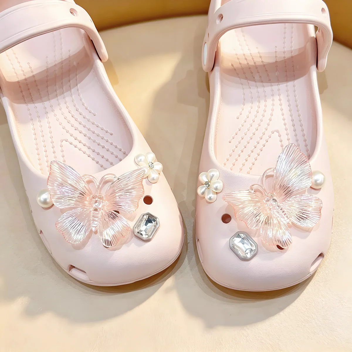 Shiny Iridescent Butterfly Rose Pearl Shoe Charms Transparent Resin DIY Clog Ornaments for Women Summer Hole Sandals Decor Gifts