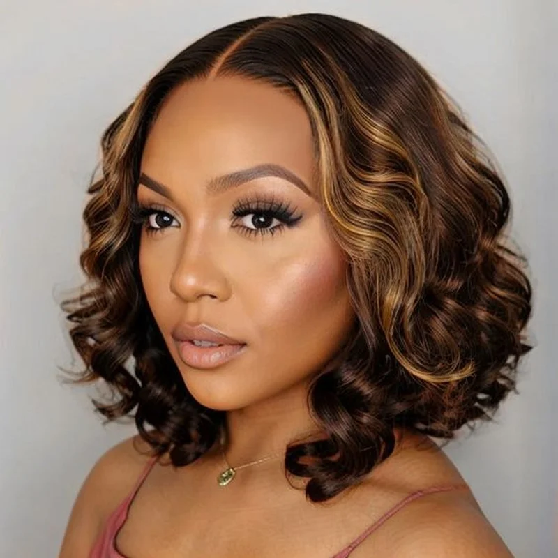 Short 13x4 Lace Front 100%  Hair Wig Curly Wave Brown Blonde Glueless Wig