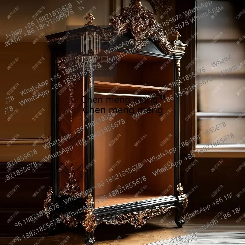 Solid wood 2-door wardrobe European engraved paint gold foil storage cloakroom display cabinet