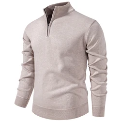 Autumn Winter Men's Half Zipper Knitted Pullovers Solid Slin Fit Casual Sweater Male Fleece Warm Stand Collar Pullover Sweaters