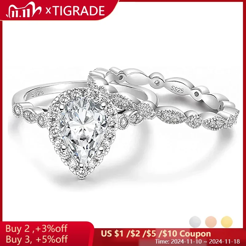 TIGRADE 1.5CT 925 Sterling Silver Bridal Ring Sets Wedding Teardrop Engagement Rings Vintage Pear Promise Marquise for Women