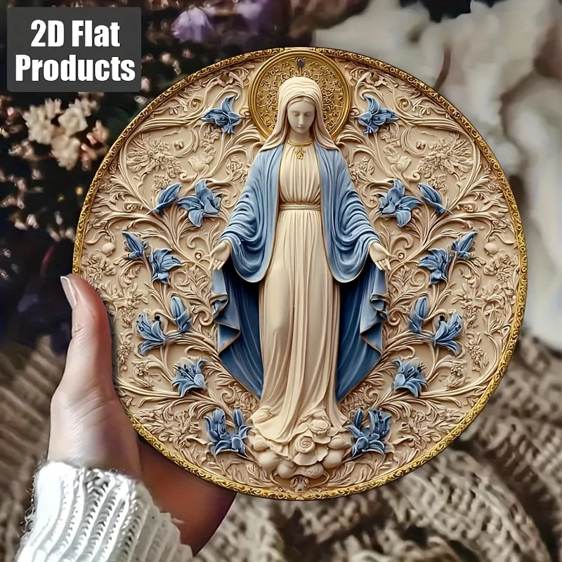 High Definition Metal Sign Virgin Mary Ornate Floral Round Tin Sign Catholic Religious Wall Art Decor