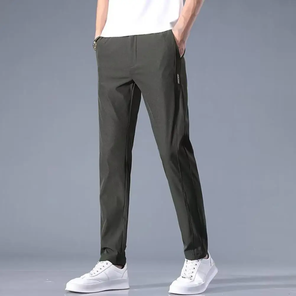 Soft  Trendy Zipper Button Closure Men Trousers Slim Fit Men Summer Trousers Elastic Waist   Male Clothes