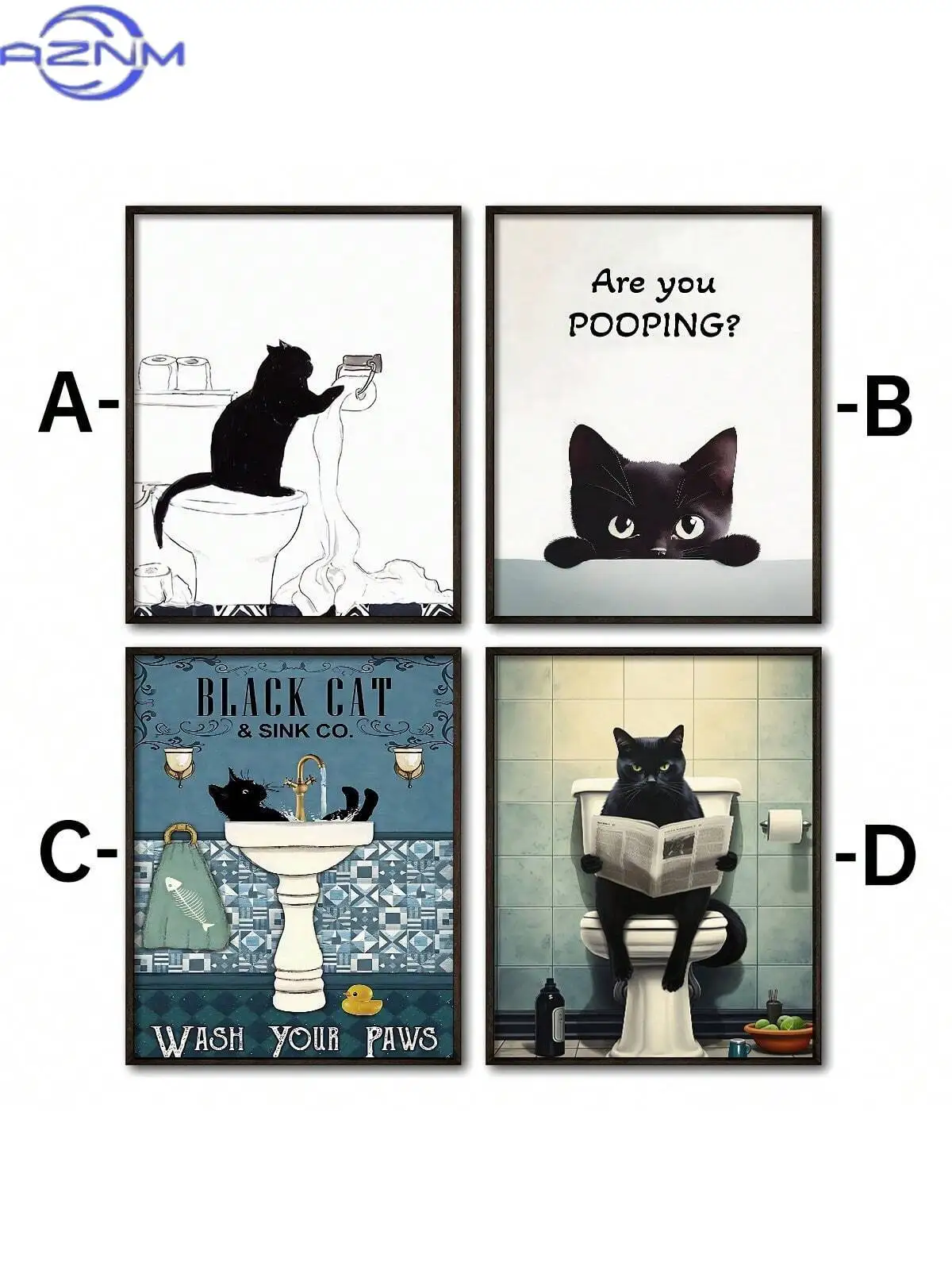 AZNM Cartoon Art Black Cat Standing on Toilet Holding Tissue Ideal Gift for Bedroom Living Room Wall Art Decoration Room Decor
