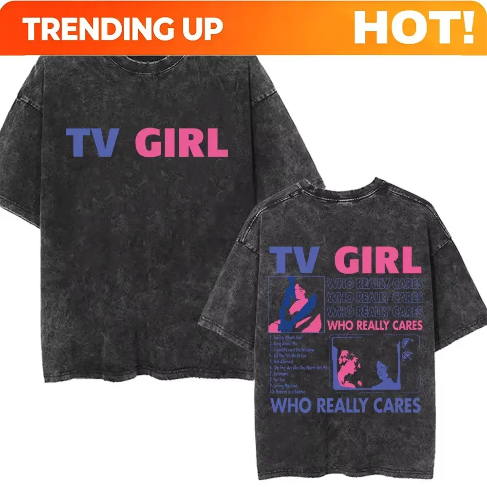 Customization Washed Vintage TV Girl Who Really Cares Graphic Print T Shirts Men Women Fashion Casual Oversized T-shirt Men's Fl