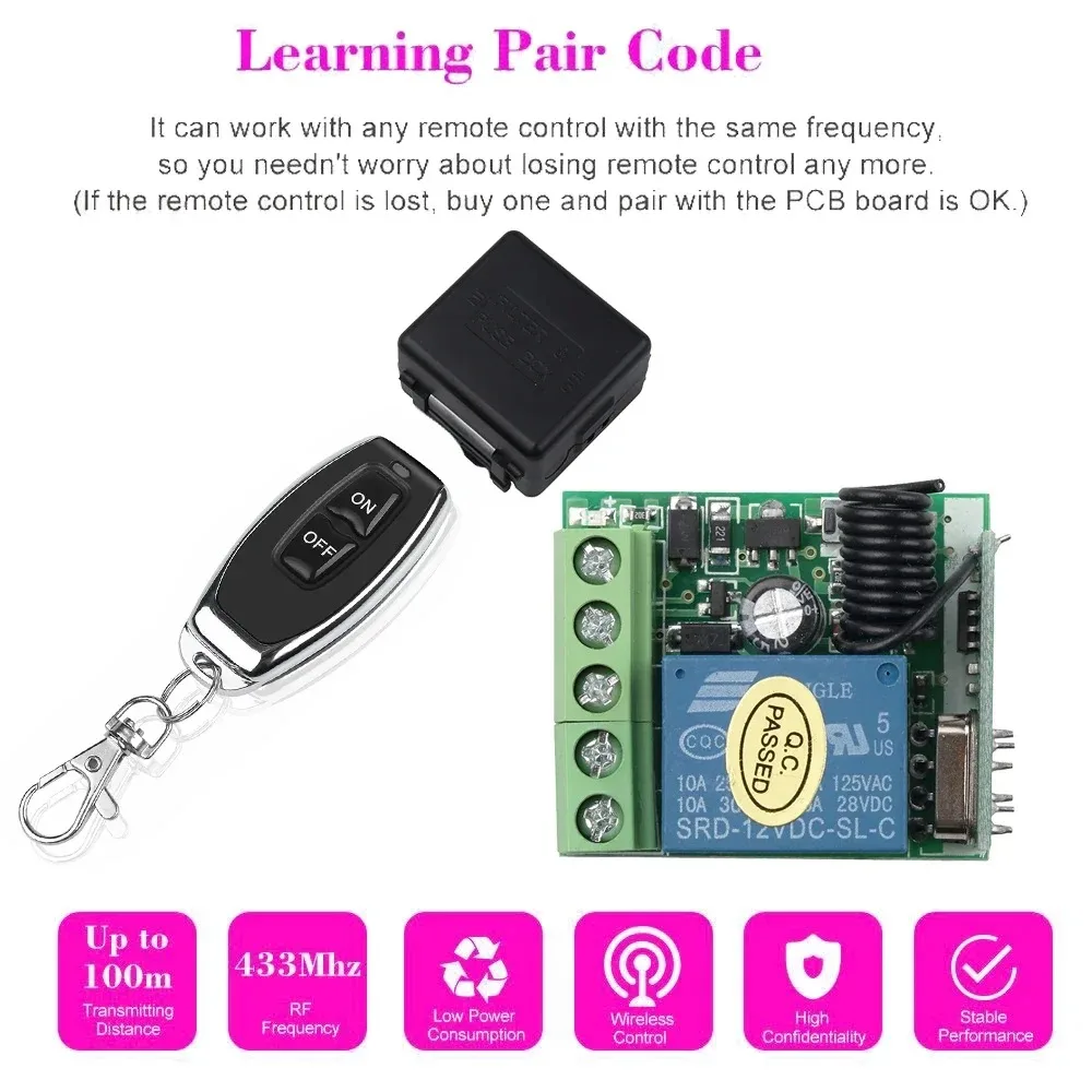 KEBIDUMEI 433Mhz Remote Control Wireless Switch DC 12V 110V 220V 1CH RF 10A Relay Receiver and 1CH Transmitter DIY For Door