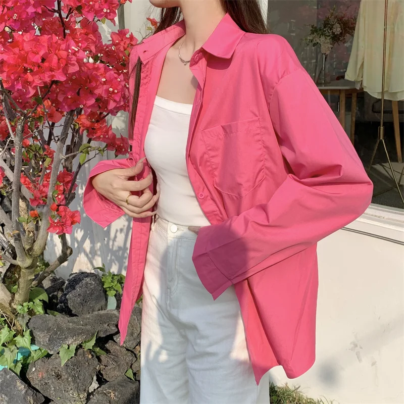 White Oversize Boyfriend Shirt Summer Casual Long Sleeve Chest Pocket Button Down Collared Women Shirts and Blouses Outfit