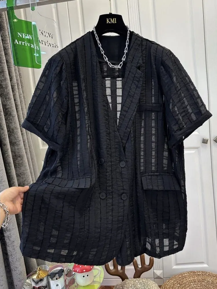 

Extra Large Size 300 Pounds European Style V-Neck Plaid Shoulder Padded Suit Casual Summer Lightweight Chiffon Loose Top for ...