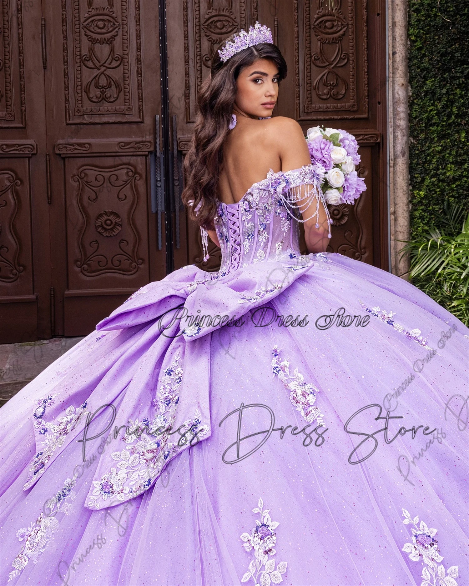Princess Shiny Quinceanera Dresses Off The Shoulder Applique Lace Beading Tull Party Birthday Sweet 16 Dress Vestidos 15 De