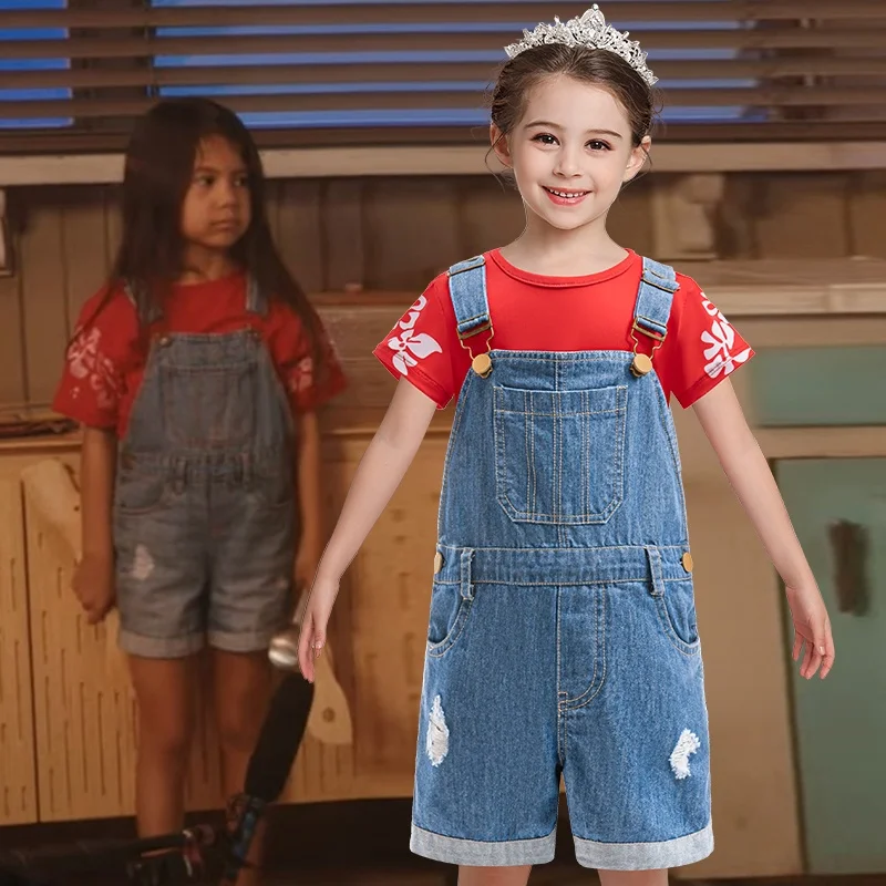 

Girl Set Movie Same Style Lilo & Stitch Cosplay Costume Summer Short sleeved T-shirt+Cowboy Strap Pants Kids Dress Up Baby Suit