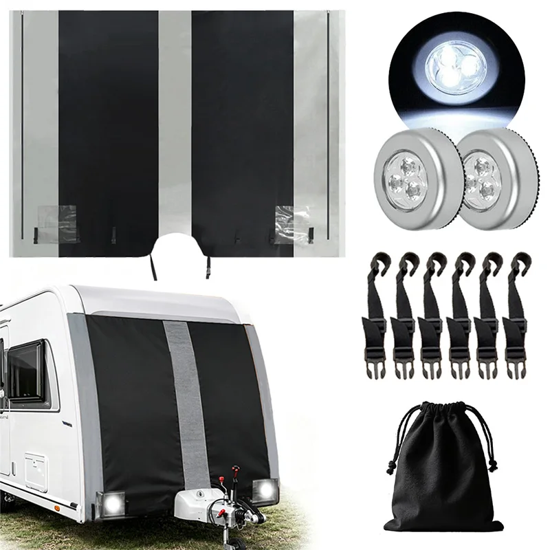 2 LED Lights Stretchy Caravan Front Towing Cover Awning Rail Universal Protector Van Camper RV Travel Trailer Snow Dust