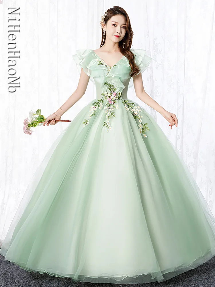 Vestido de quinceañera verde elegante con cuello en V para fiesta, vestido de baile de graduación sin mangas, Vestidos de quinceañera dulces, Vestidos de talla grande