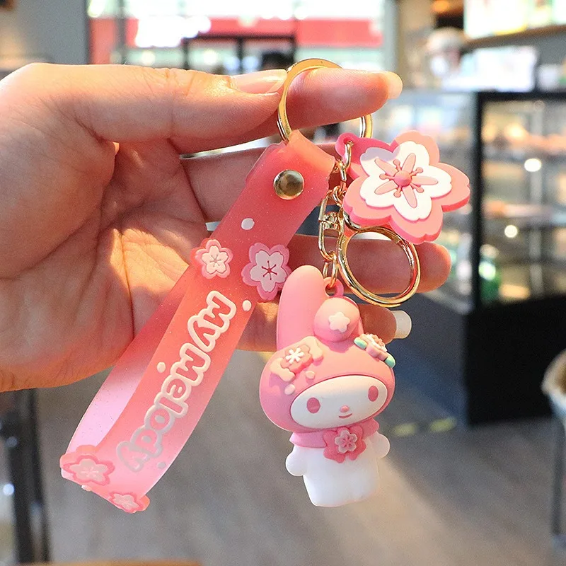 Sanrio Cute Sakura Keychain Pink Hello Kitty Melody Kuromi Model PVC Toy Collection Cartoon Keyring Toy Peripheral Toys image 4