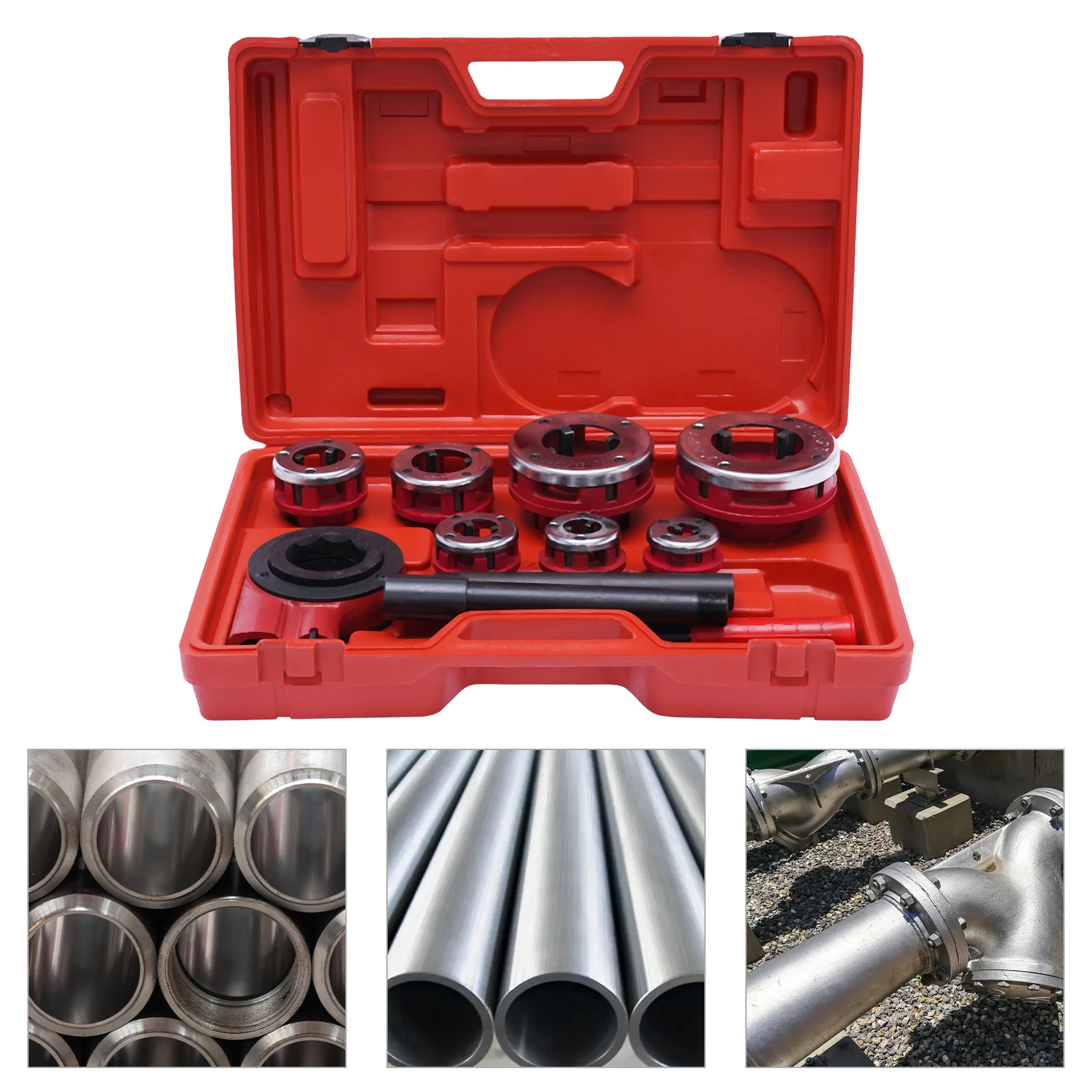 Pipe Threading Kit: Premium Carbon Steel, Chip Removal Design, 7 Die Heads for Faster, Easier Pipe Processing