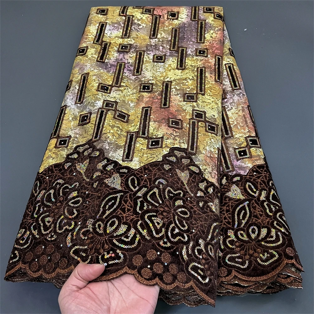 African Nigerian Tulle Lace Fabric with Sequins Embroidery, Sewing Guipure, Velvet Prom Dresses, High Quality, 5Yards PS0024