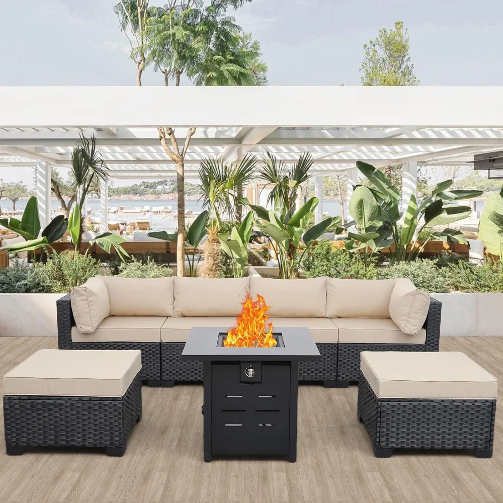 

7 Pieces Outdoor PE Wicker Furniture Set Patio Rattan Sectional Conversation Sofa Set with Khaki Cushions and Fire Pit Table