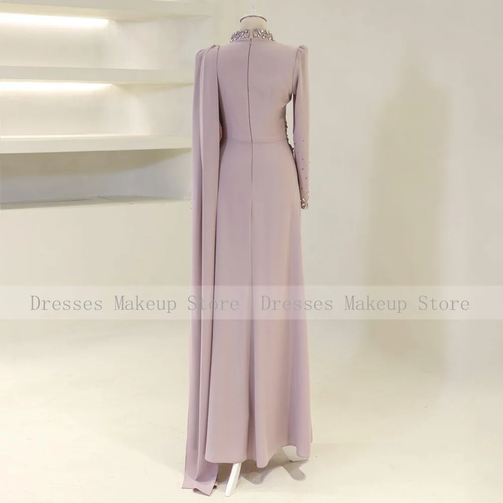 Pink Evening Dresses Crystal High Collar Full Sleeves Satin Wedding Guest Gowns for Women Mermaid Luxury Formal Party Dress Long